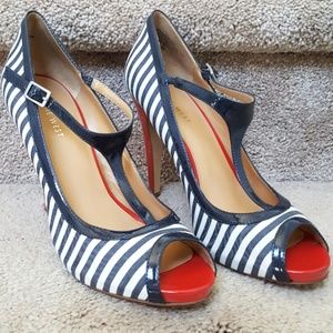 Nine West Eastbound Striped T Strap Peep Toe Heel